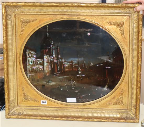 A 19th century reverse painting on glass with mother of pearl highlights, View of St Marks Square, 44 x 53cm